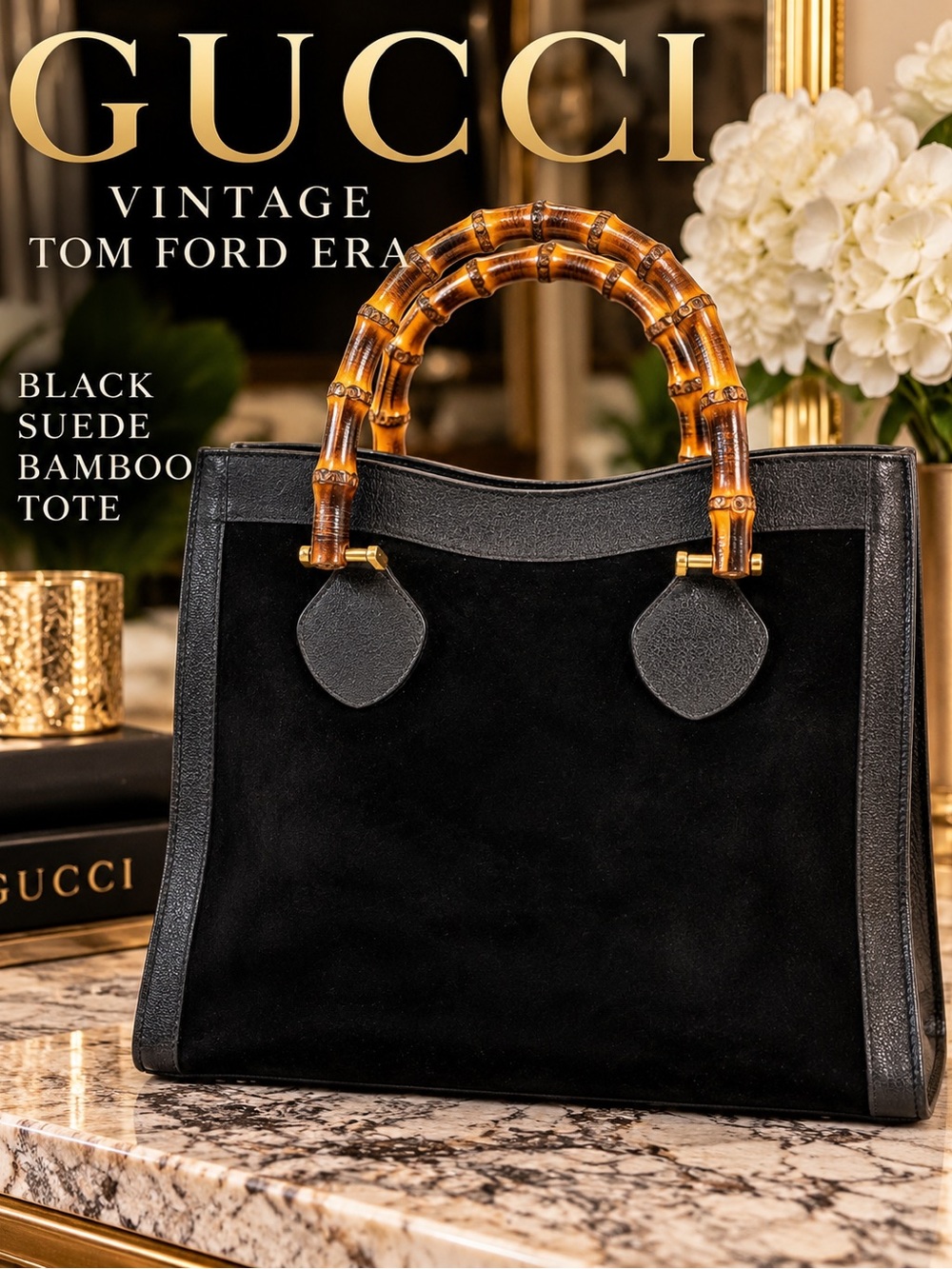 Gucci RARE Vtg Tom Ford Era Black Suede Bamboo Handle Tote